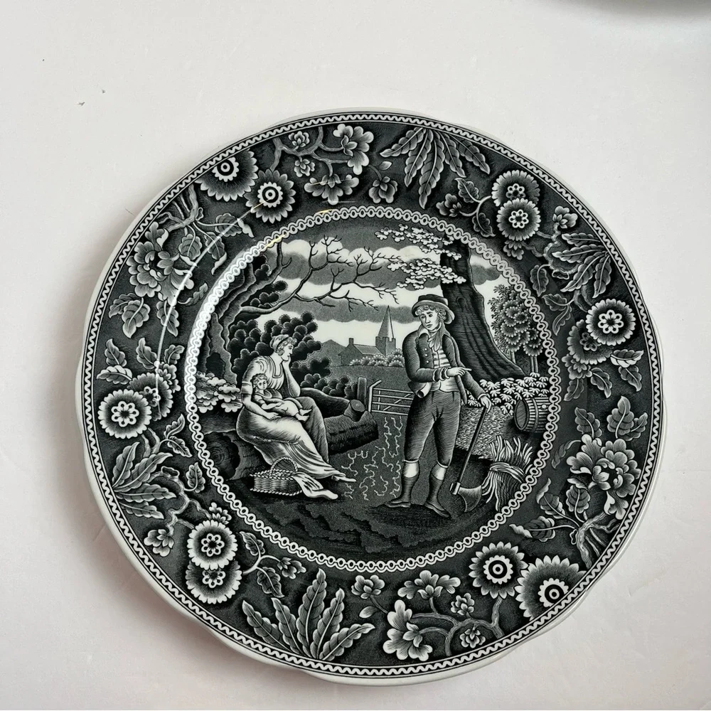 Spode Georgian Series Woodman 10” Dinner Plates Black S3480-W England Set of 4